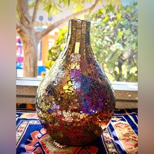 Vintage Mosaic Glass Vase with Iridescent Finish and Embossed Neck